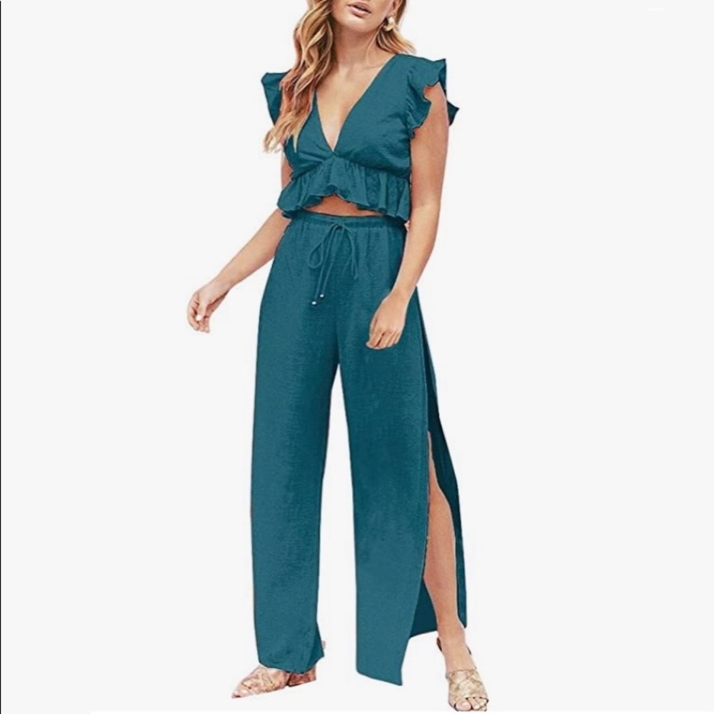Teal 2 Piece Outfit Deep V-Neck Crop Top & Side Slit Drawstring Wide Leg Pants S